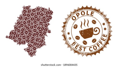 Coffee mosaic map of Opole Voivodeship and unclean stamp. Vector map of Opole Voivodeship collage is composed of coffee beans. Round rosette stamp in brown colors.