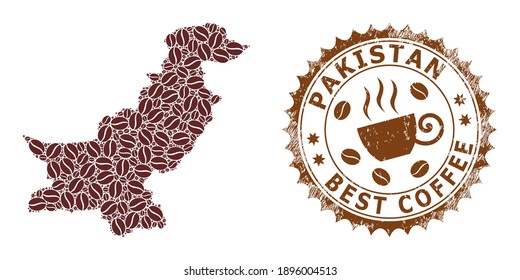 Coffee mosaic map of Pakistan and unclean stamp. Vector map of Pakistan collage is created with coffee seeds. Round rosette stamp in brown colors. Flat composition for best cafe advertisement.