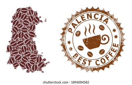 Coffee mosaic map of Palencia Province and rubber stamp seal. Vector map of Palencia Province collage is composed from chocolate. Round rosette stamp in brown colors.