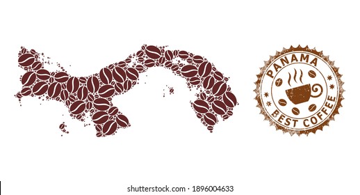 Coffee mosaic map of Panama and unclean stamp. Vector map of Panama collage is created from coffee. Round rosette stamp in brown colors. Vector composition for best coffee shops purposes.