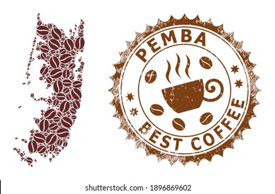 Coffee mosaic map of Pemba island and unclean badge. Vector map of Pemba island collage is formed from coffee beans. Round rosette stamp in brown colors.