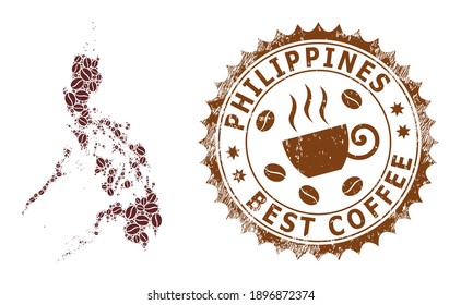 Coffee mosaic map of Philippines and rubber stamp. Vector map of Philippines collage is designed from coffee beans. Round rosette stamp in brown colors.