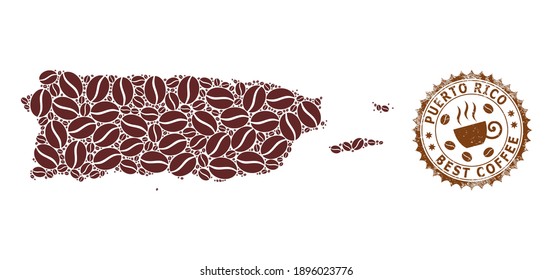 Mapa de mosaico de café de Puerto Rico y estampado de grunge. Mapa vectorial del collage de Puerto Rico se forma a partir de granos de café. Sello rosetón redondo de colores marrones.