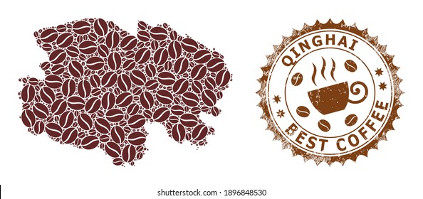Coffee mosaic map of Qinghai Province and unclean stamp. Vector map of Qinghai Province collage is formed from coffee beans. Round rosette stamp in brown colors.