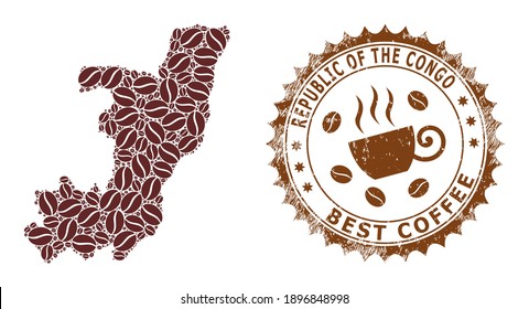 Coffee mosaic map of Republic of the Congo and distress stamp. Vector map of Republic of the Congo collage is designed of chocolate. Round rosette stamp in brown colors.