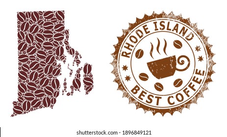 Coffee mosaic map of Rhode Island State and unclean stamp seal. Vector map of Rhode Island State collage is formed with coffee grains. Round rosette stamp in brown colors.