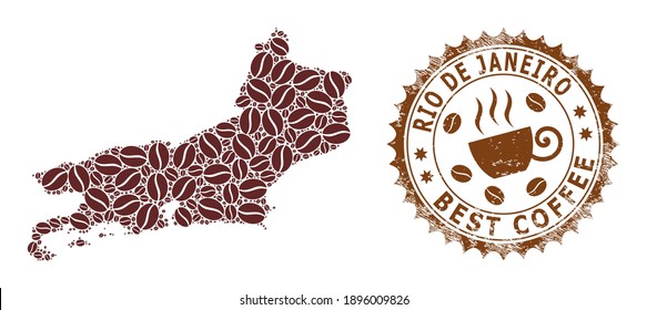 Coffee mosaic map of Rio de Janeiro State and corroded stamp seal. Vector map of Rio de Janeiro State collage is composed with coffee grains. Round rosette stamp in brown colors.