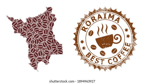 Coffee mosaic map of Roraima State and scratched mark. Vector map of Roraima State collage is formed with coffee. Round rosette stamp in brown colors. Vector composition for best coffeeshop maps.
