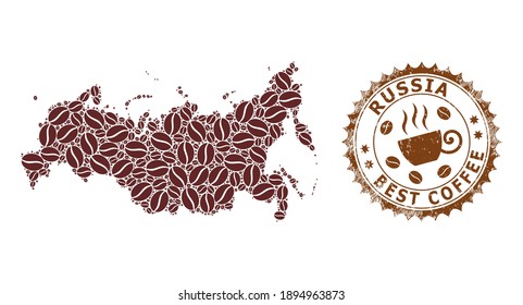 Coffee mosaic map of Russia and grunge stamp seal. Vector map of Russia collage is designed from coffee. Round rosette stamp in brown colors. Vector composition for best coffee delivery advertisement.