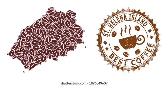 Coffee mosaic map of Saint Helena Island and grunge stamp. Vector map of Saint Helena Island collage is created of coffee beans. Round rosette stamp in brown colors.