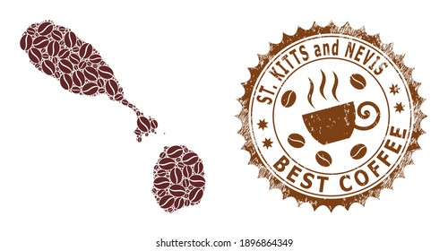 Coffee mosaic map of Saint Kitts and Nevis and corroded stamp. Vector map of Saint Kitts and Nevis collage is formed with coffee grains. Round rosette stamp in brown colors.