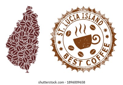 Coffee mosaic map of Saint Lucia Island and scratched mark. Vector map of Saint Lucia Island collage is composed of coffee. Round rosette stamp in brown colors.