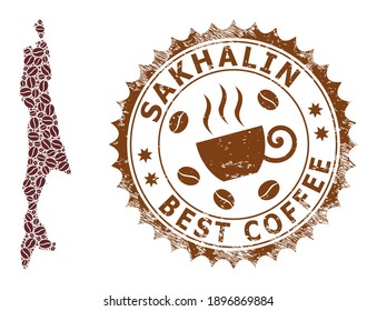 Coffee mosaic map of Sakhalin Island and distress stamp. Vector map of Sakhalin Island collage is designed from chocolate seeds. Round rosette stamp in brown colors.