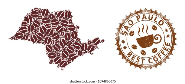 Coffee mosaic map of Sao Paulo State and unclean stamp. Vector map of Sao Paulo State collage is composed of coffee grains. Round rosette stamp in brown colors.