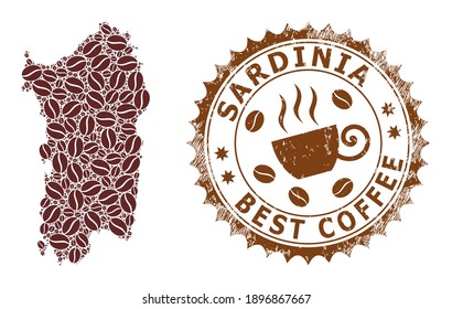 Coffee mosaic map of Sardinia and corroded stamp seal. Vector map of Sardinia collage is composed from cocoa grains. Round rosette stamp in brown colors.