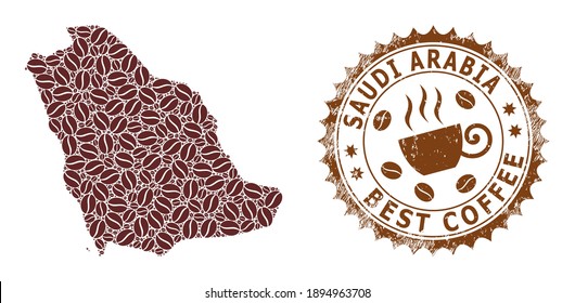Mapa de mosaicos de café de Arabia Saudita y estampado de grunge. El mapa vectorial del collage de Arabia Saudita está diseñado con semillas de café. Sello rosetón redondo de colores marrones.