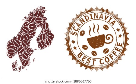 Coffee mosaic map of Scandinavia and scratched stamp. Vector map of Scandinavia collage is created from coffee grains. Round rosette stamp in brown colors.