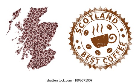 Coffee mosaic map of Scotland and rubber stamp. Vector map of Scotland collage is formed of coffee seeds. Round rosette stamp in brown colors.