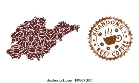 Coffee mosaic map of Shandong Province and scratched badge. Vector map of Shandong Province collage is designed from coffee grains. Round rosette stamp in brown colors.