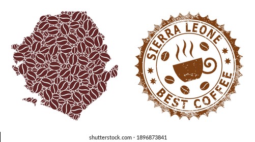 Coffee mosaic map of Sierra Leone and corroded stamp seal. Vector map of Sierra Leone collage is designed with coffee grains. Round rosette stamp in brown colors.
