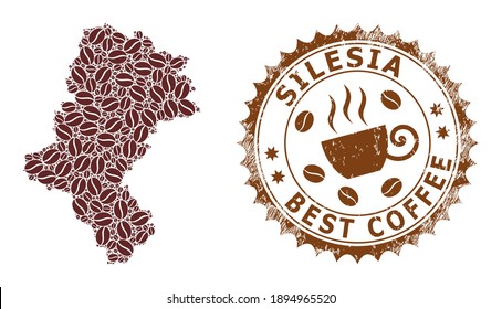 Coffee mosaic map of Silesian Voivodeship and scratched stamp seal. Vector map of Silesian Voivodeship collage is designed with coffee seeds. Round rosette stamp in brown colors.