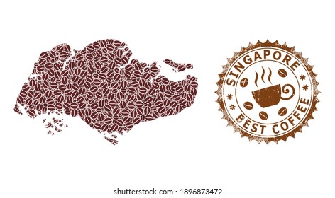 Coffee mosaic map of Singapore and scratched stamp. Vector map of Singapore collage is formed of coffee. Round rosette stamp in brown colors. Vector composition for best cafeteria ads.