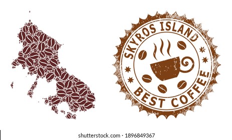 Kaffeemaschine Karte der Skyros-Insel und unscharfe Briefmarke. Die Vektorkarte von Skyros Island Collage wird aus Kaffeesamen gebildet. Rundstempel in braunen Farben.