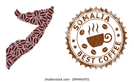 Coffee mosaic map of Somalia and distress stamp seal. Vector map of Somalia collage is created from coffee. Round rosette stamp in brown colors. Abstraction composition for best cafe marks.