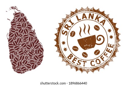 Mapa del mosaico del café de Sri Lanka y sello corroido. Mapa vector del collage de Sri Lanka compuesto de chocolate. Sello rosetón redondo de colores marrones.