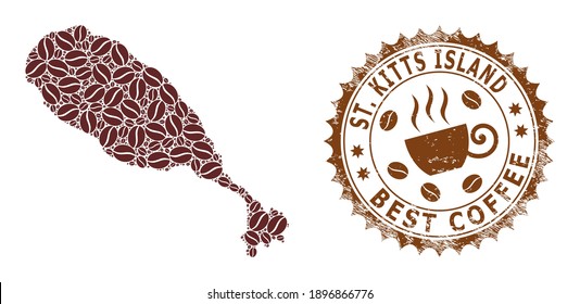 Kaffeemaschine Karte von St. Kitts Island und Grunge-Stempel-Siegel. Die Vektorkarte von St Kitts Island Collage besteht aus Schokoladenbohnen. Rundstempel in braunen Farben.