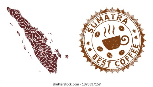 Kaffee-Mosaik-Karte von Sumatra und Grunge-Stempel-Siegel. Die Vektorkarte der Sumatra Collage ist aus Kaffeebohnen. Rundstempel in braunen Farben. Flache Komposition für beste Kaffeelieferungs-Bildschirmhintergründe.