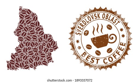 Coffee mosaic map of Sverdlovsk Region and scratched stamp. Vector map of Sverdlovsk Region collage is composed with coffee. Round rosette stamp in brown colors.