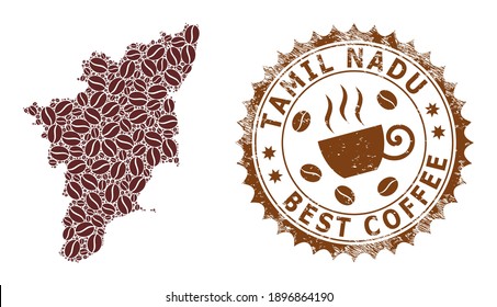 Coffee mosaic map of Tamil Nadu State and grunge stamp seal. Vector map of Tamil Nadu State collage is formed from coffee grains. Round rosette stamp in brown colors.