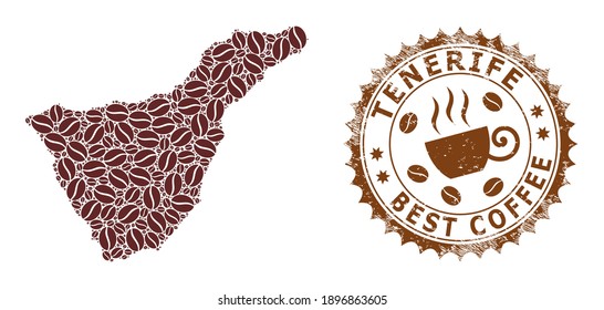 Coffee mosaic map of Tenerife and corroded stamp seal. Vector map of Tenerife collage is designed from coffee grains. Round rosette stamp in brown colors.