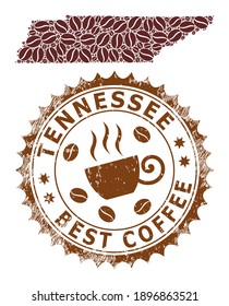 Coffee mosaic map of Tennessee State and corroded stamp. Vector map of Tennessee State collage is composed from coffee. Round rosette stamp in brown colors.