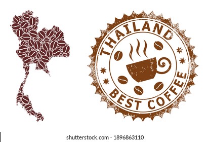 Coffee mosaic map of Thailand and scratched stamp seal. Vector map of Thailand collage is designed of coffee beans. Round rosette stamp in brown colors. Vector composition for best cafe purposes.
