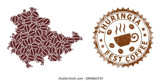 Coffee mosaic map of Thuringia Land and corroded stamp. Vector map of Thuringia Land collage is designed from cocoa beans. Round rosette stamp in brown colors.