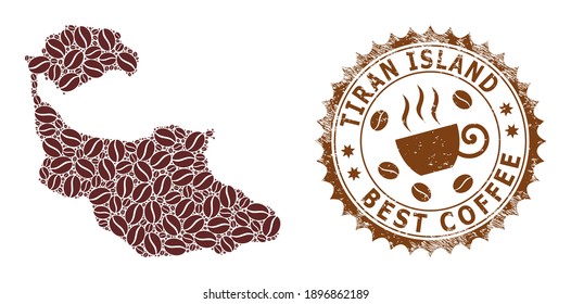 Coffee mosaic map of Tiran Island and grunge stamp seal. Vector map of Tiran Island collage is formed from coffee. Round rosette stamp in brown colors.