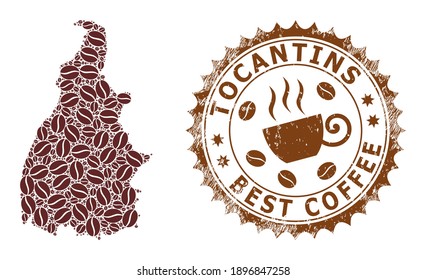 Mapa del mosaico del café del estado de Tocantins y sello impuro. Mapa vectorial del collage del estado de Tocantins se compone de café. Sello rosetón redondo de colores marrones.