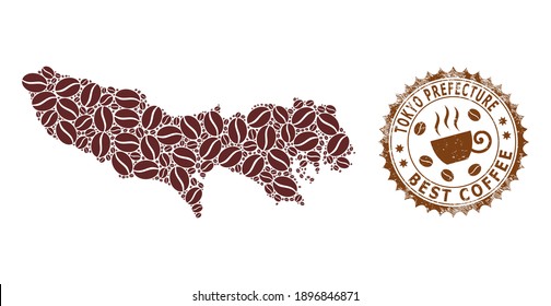 Mapa del mosaico del café de la prefectura de Tokio y sello de goma. Mapa vectorial del collage de la prefectura de Tokio se forma con café. Sello rosetón redondo de colores marrones.