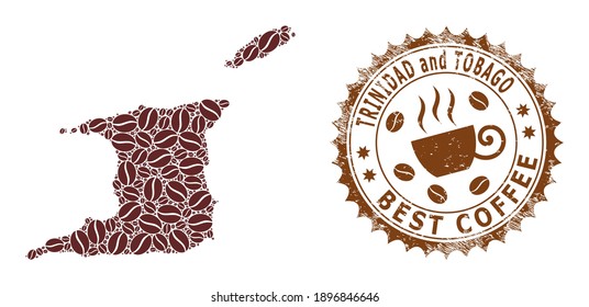 Coffee mosaic map of Trinidad and Tobago and rubber badge. Vector map of Trinidad and Tobago collage is formed of coffee seeds. Round rosette stamp in brown colors.