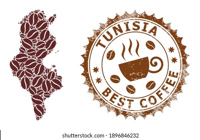 Coffee mosaic map of Tunisia and grunge stamp seal. Vector map of Tunisia collage is composed of cocoa. Round rosette stamp in brown colors. Vector composition for best cafe illustrations.