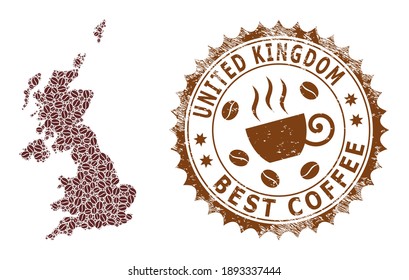 Coffee mosaic map of United Kingdom and corroded stamp seal. Vector map of United Kingdom collage is created with cocoa seeds. Round rosette stamp in brown colors.
