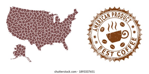 Coffee mosaic map of USA with Alaska and scratched stamp seal. Vector map of USA with Alaska collage is composed from cocoa beans. Round rosette stamp in brown colors.