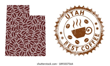 Coffee mosaic map of Utah State and corroded stamp. Vector map of Utah State collage is composed of cocoa grains. Round rosette stamp in brown colors.