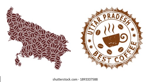 Coffee mosaic map of Uttar Pradesh State and rubber seal. Vector map of Uttar Pradesh State collage is formed from coffee grains. Round rosette stamp in brown colors.