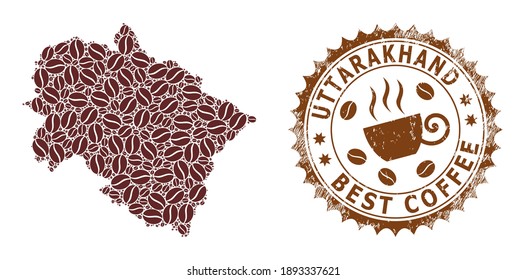 Mapa del mosaico del café del estado de Uttarakhand y sello de grunge. El mapa vectorial del collage del estado de Uttarakhand está diseñado para el café. Sello rosetón redondo de colores marrones.