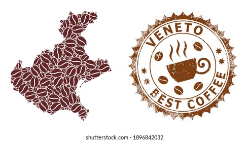 Coffee mosaic map of Veneto region and rubber seal. Vector map of Veneto region collage is formed of coffee seeds. Round rosette stamp in brown colors.