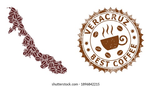 Mapa de mosaico de café del estado de Veracruz y sello de caucho. Mapa vectorial del collage del estado de Veracruz compuesto por granos de chocolate. Sello rosetón redondo de colores marrones.