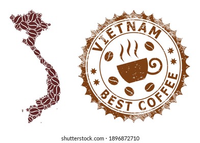 Coffee mosaic map of Vietnam and unclean stamp seal. Vector map of Vietnam collage is created from cocoa. Round rosette stamp in brown colors. Abstract composition for best coffee shops wallpapers.